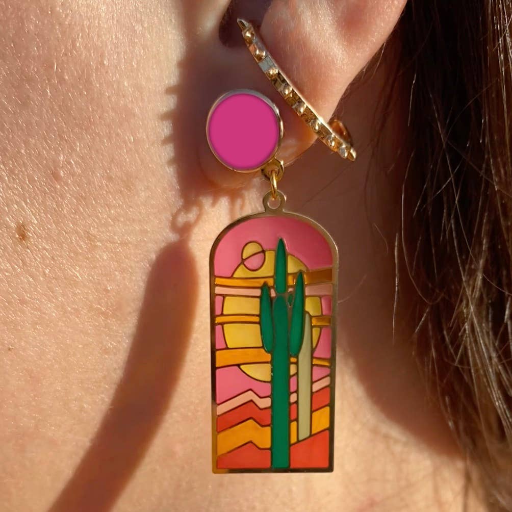 Stained Glass Saguaro Translucent Earrings