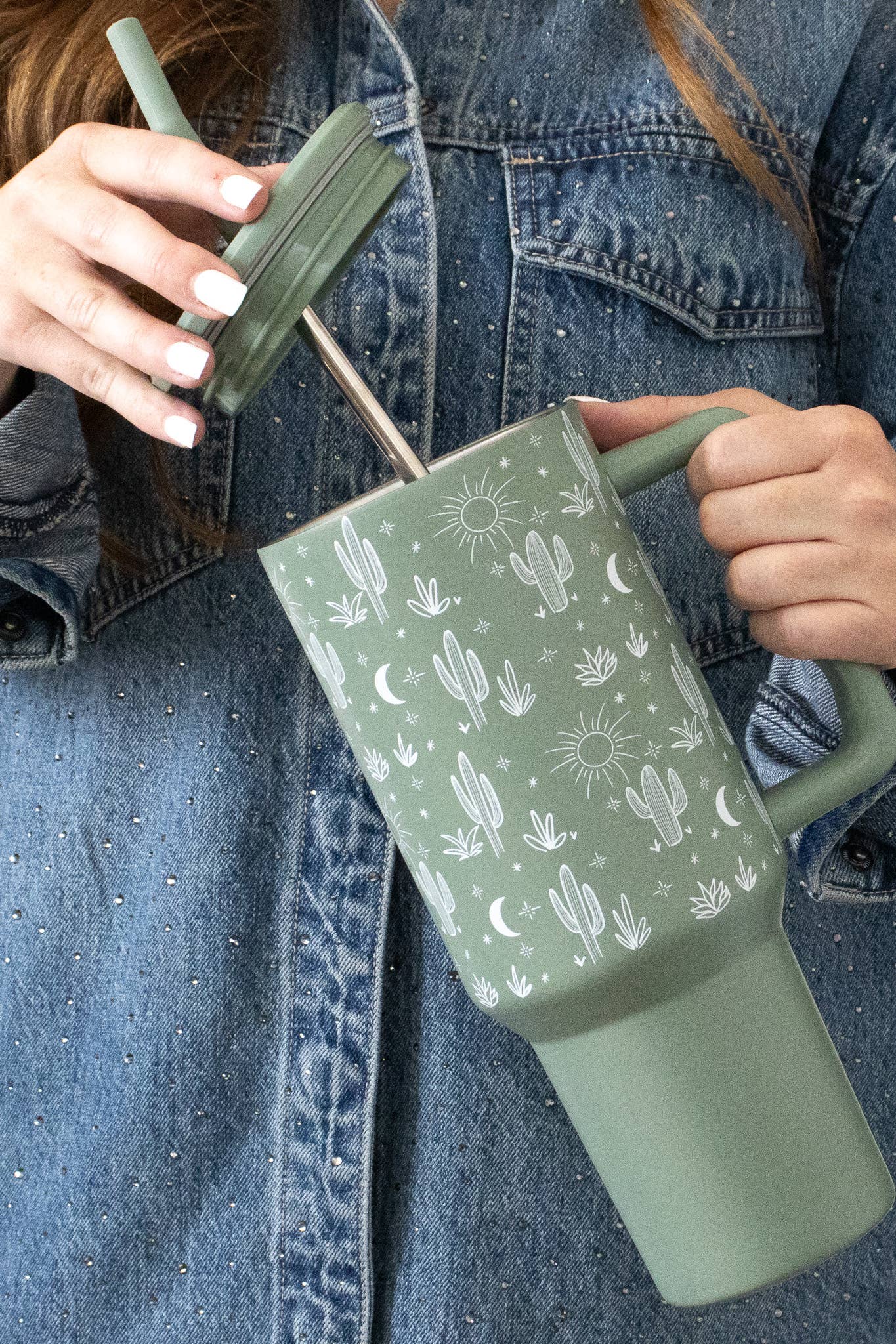 40oz Tumbler, Cactus Print Leak Proof Sip-and-Go Sage Green