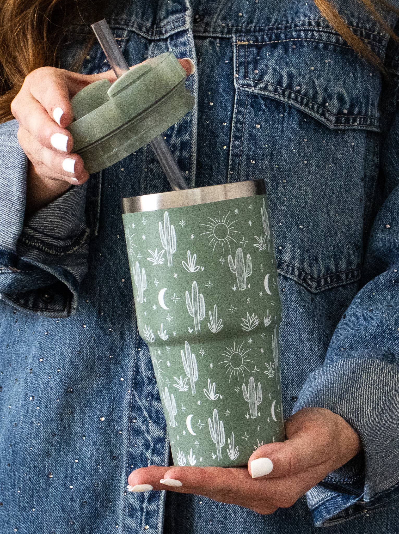 20oz Tumbler, Cactus Print Mini Tumbler Sage Green