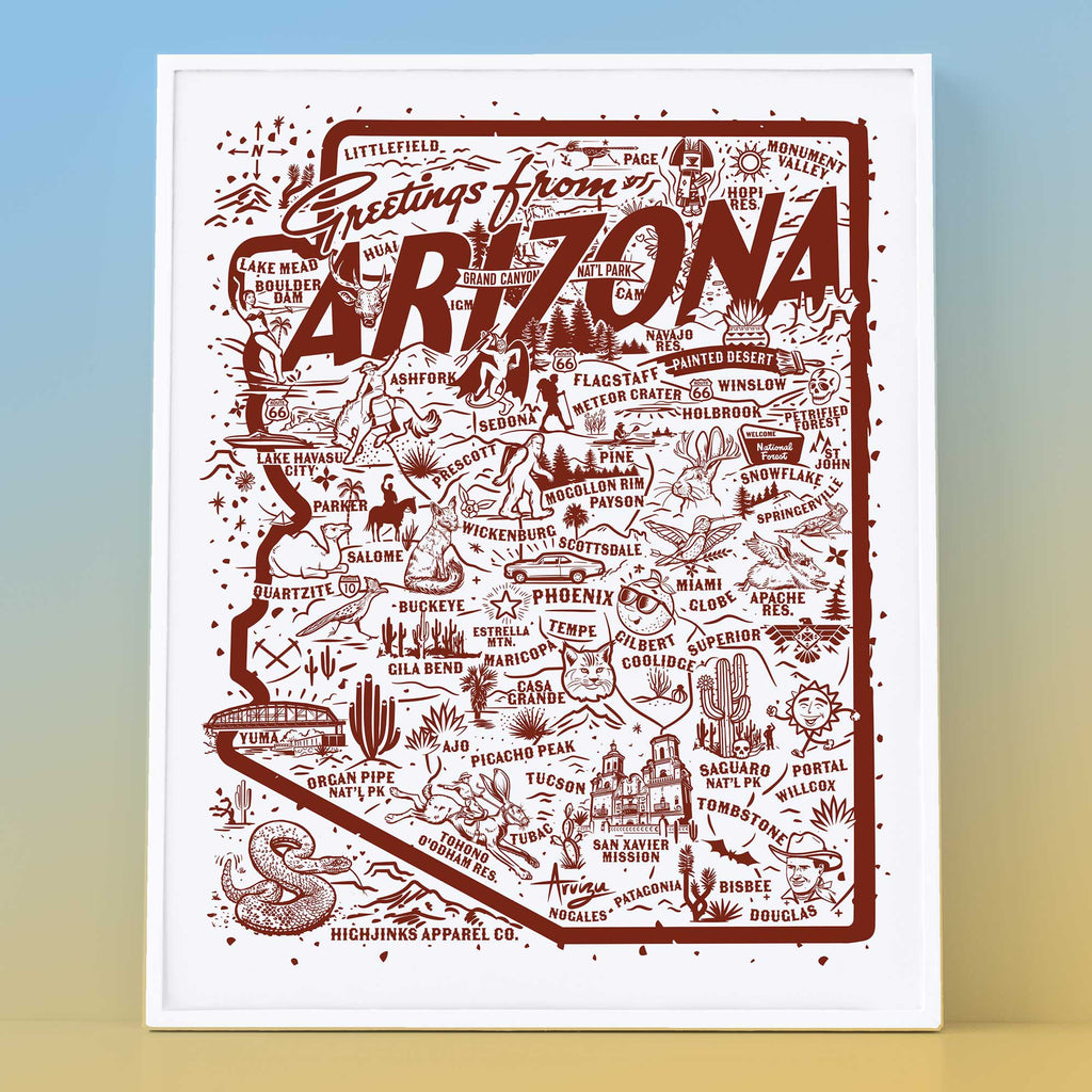 (C) Greetings from Arizona Icons Map Art Print