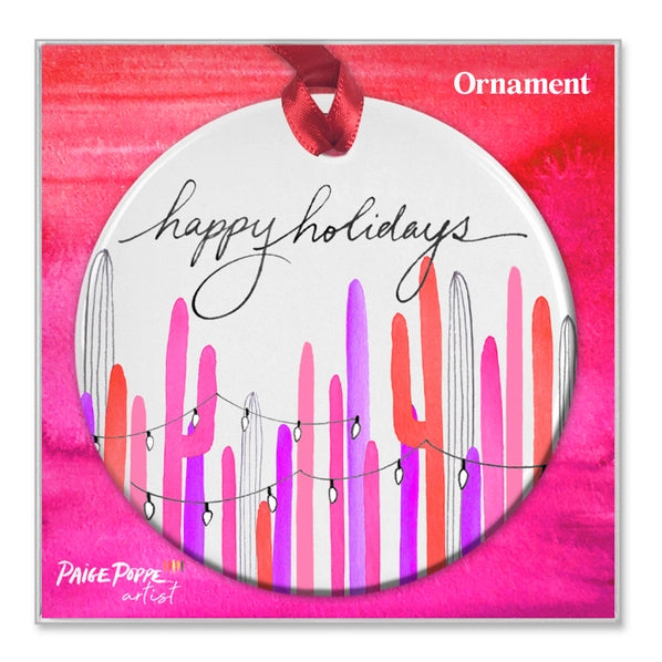 Pink Saguaro Lights Watercolor Ornament