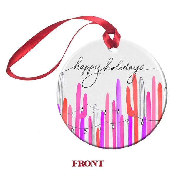 Pink Saguaro Lights Watercolor Ornament