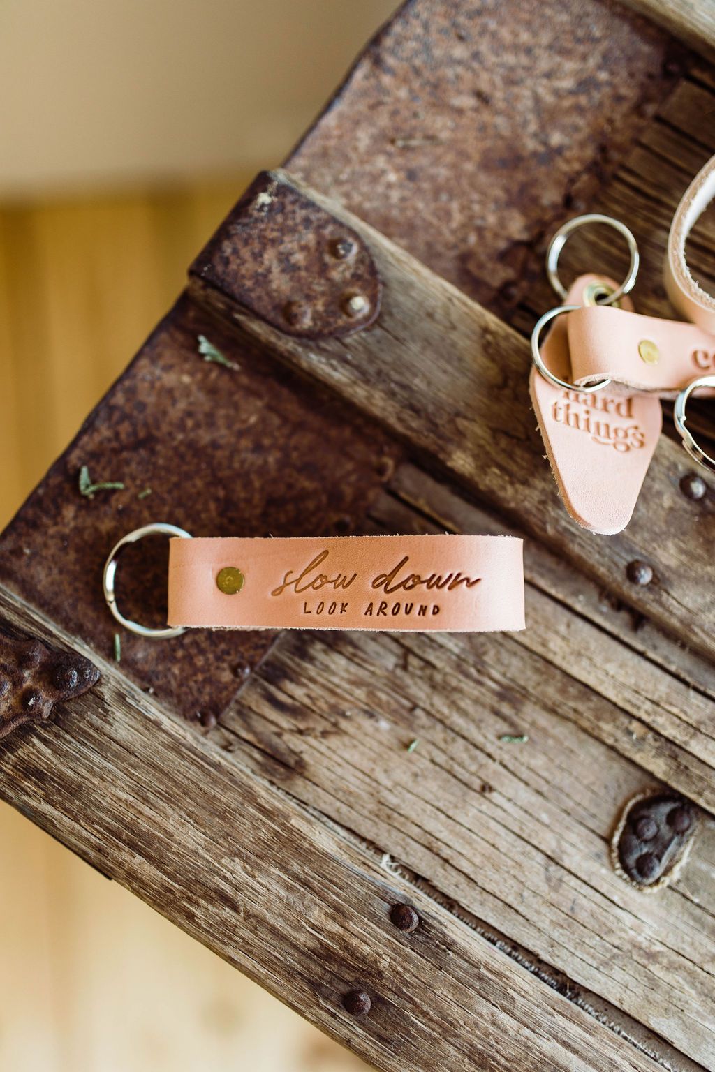 Slow Down Look Around Leather Keychain